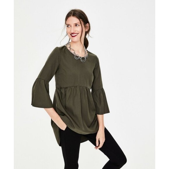 Boden Tops - Boden Shirt 12 Curved Seam Tunic Olive Green Mineral Wash Bell Sleeves Boho